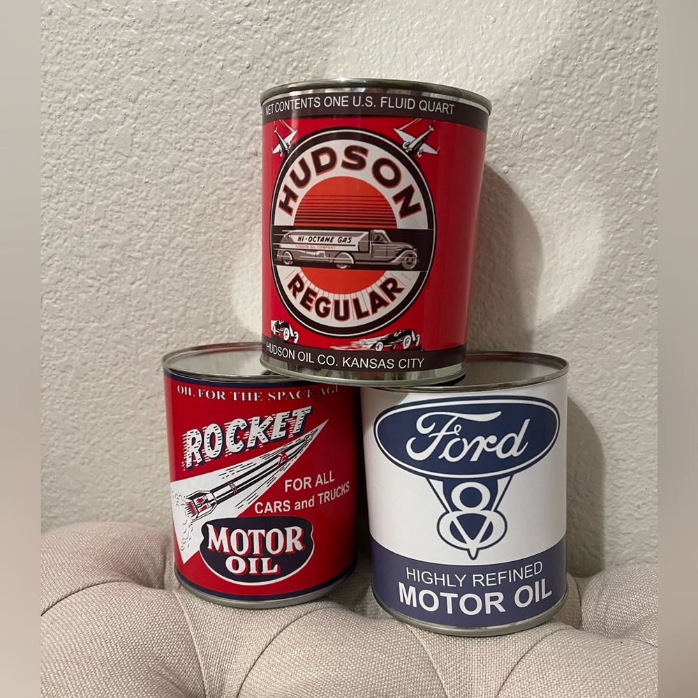 Vintage Style Oil Can Set - Red, White, Blue